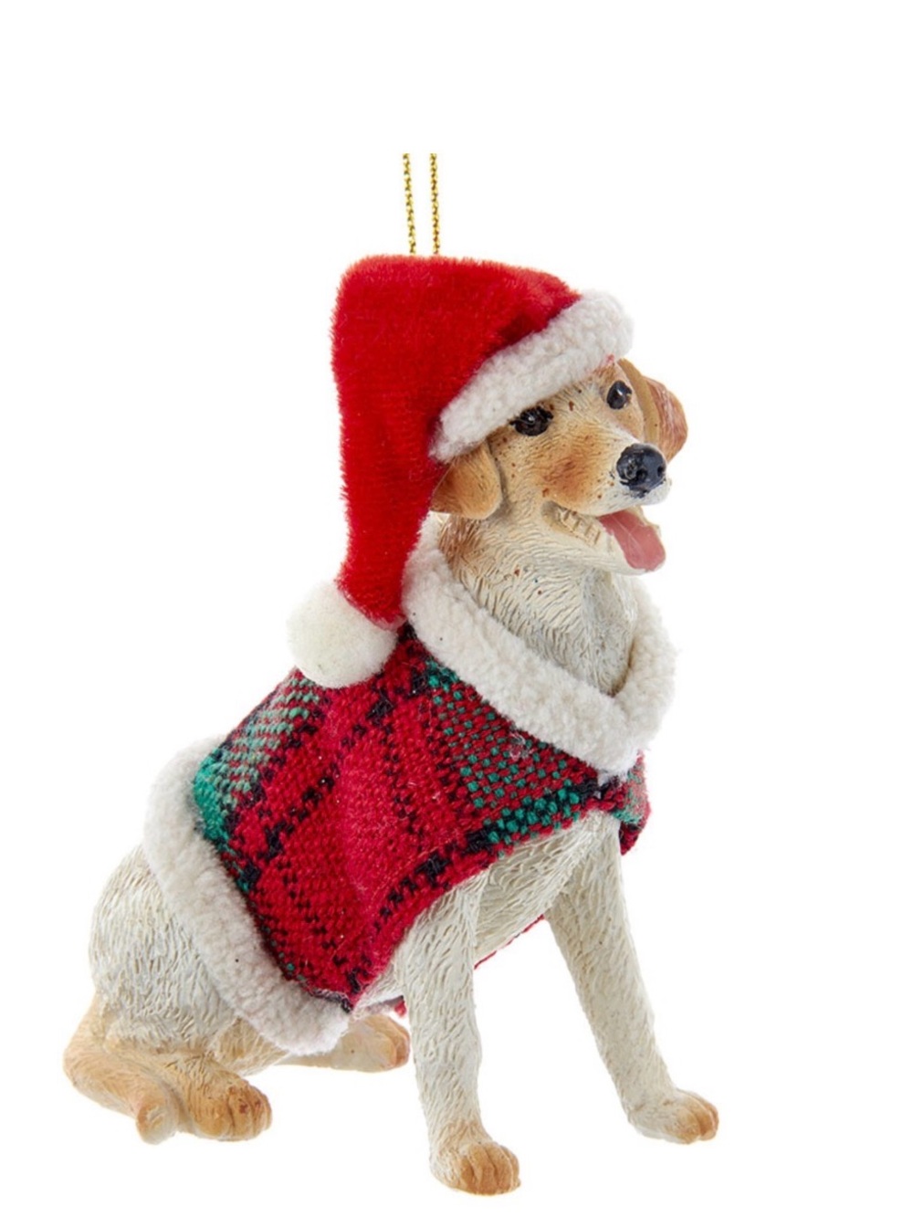 Yellow Labrador Christmas Ornament in Red Santa Hat and Plaid Sweater